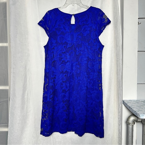 Ronni Nicole Blue Floral Crochet Lace Dress Knee Length Feminine Holiday Sz 16 - Picture 15 of 17